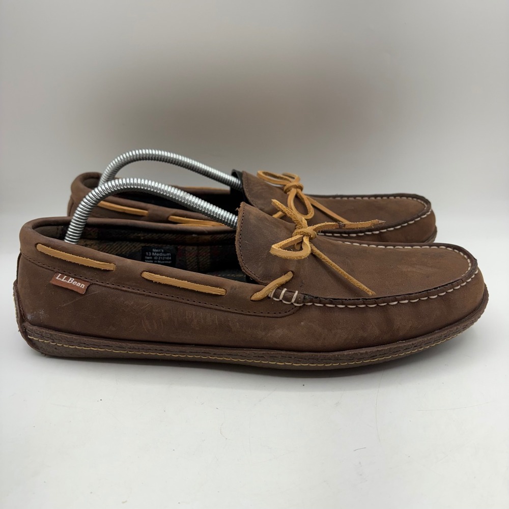 LL Bean Wicked Good Moccasin Slippers Mens 13 Brown Leather Flannel Lined 212164